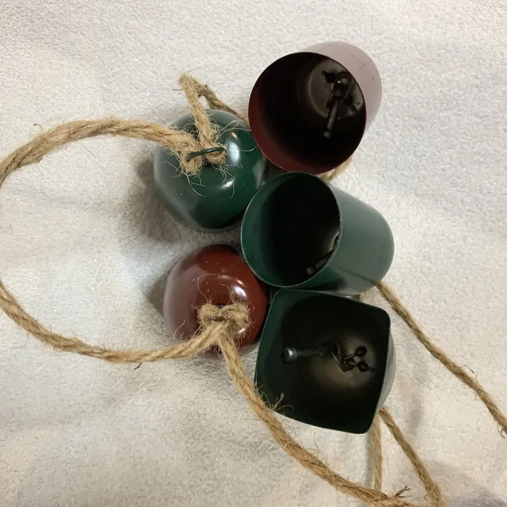Jingle Bells Garland Christmas Holiday 2 Set Metal Green Maroon Rustic Jute New